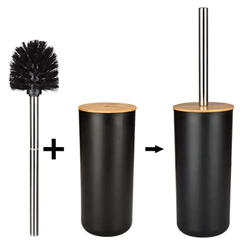 Ensemble Salle de Bain Accessoires en Bambou - 6Pièces Accessoire Salle de Bain Noir Contient Bouteilles de Lotion, Porte-Brosse à Dents, Tasse à Dents, Porte-Savon, Brosse de Toilette, Poubelle