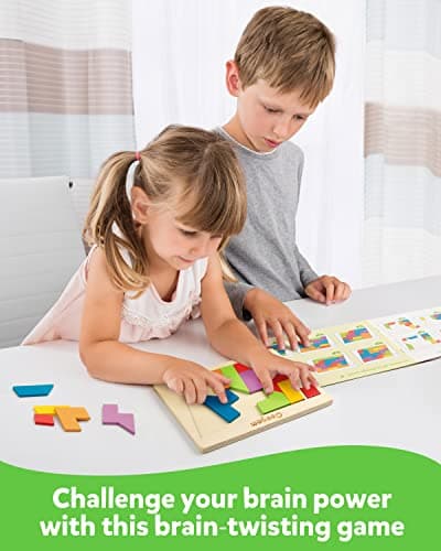 Coogam Blocs de puzzle en bois géométrique Tangram casse-tête puzzle 3D logique QI jeu coloré motif STEM jouets éducatifs cadeau 60 défis pour tous les âges