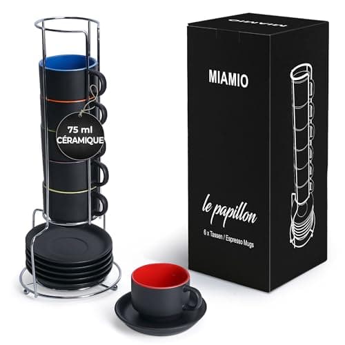 MIAMIO - 6 x 75 ml Ensemble tasses à expresso en grès tasse expresso en céramique tasse a cafe expresso - Le Papillon Collection (Colore)