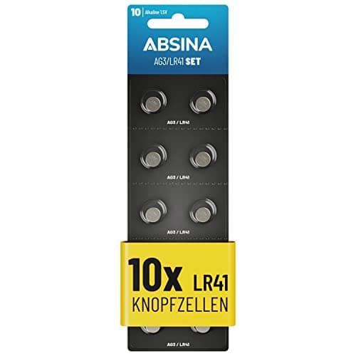 ABSINA 10x Pile LR41 AG3-1,5V Alcaline étanche avec Longue durée - LR736 / L736 / G3 / G3A / 3GA / 192 / GP192 / V3GA / RW87 - Piles LR41, LR41 Pile Bouton, Pile LR41 pour thermometre, Pile LR 41