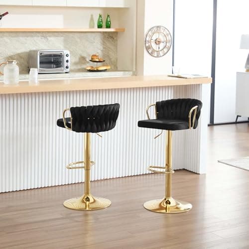 WOLTU Lot de 2 Tabouret de Bar avec Dossier Tissé et Repose-Pieds, Tabouret Pivotant à 360°, Hauteur Réglable, Base Évasée en Métal, Noir, BH426sz-2