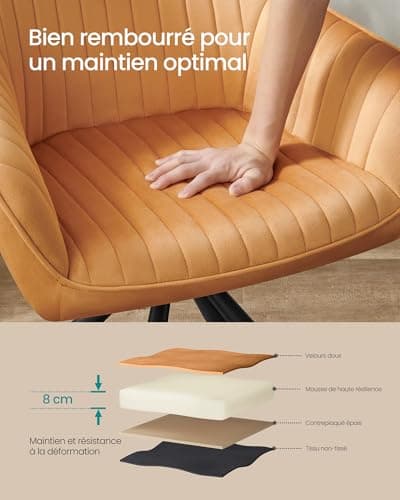 SONGMICS Chaise Salle à Manger, Fauteuil Pivotant, Velours, Rembourrée avec Accoudoirs, Charge 120 Kg, Pieds Acier, pour Salle à Manger, Cuisine, Marron Caramel et Noir d'encre KDC161K01