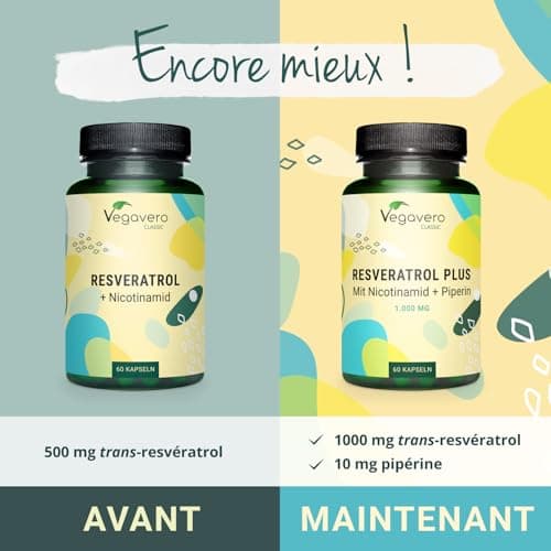 Trans Resveratrol 1000mg | UNIQUE : Le Seul Avec Nicotinamide & Pipérine | Anti Age + Antioxydant Puissant | Vegan & Sans Additifs | Vegavero®