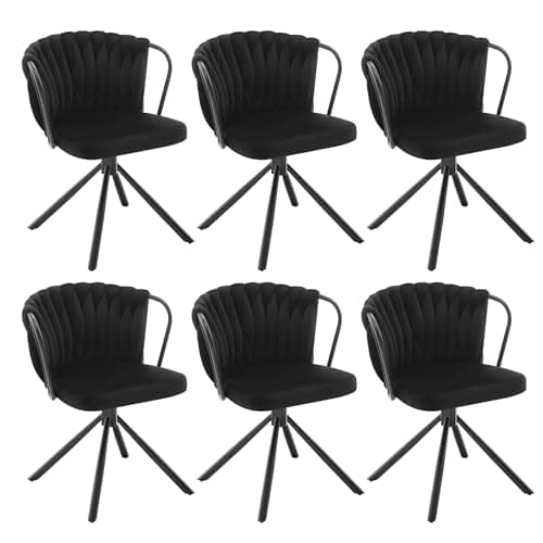WOLTU Chaise de Salle à Manger Pivotante Lot de 6, Fauteuil Rembourré avec Dossier Tressé et Pieds en Métal, Chaise Scandinave, en Velours,Noir,EZS72sz-6