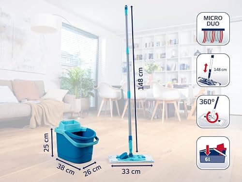 Leifheit Set PowerClean M, Balai serpillère et Seau essoreur ménageant Le Dos, kit avec Housse serpillière Micro Duo pour Un Nettoyage en Profondeur, mécanisme d'essorage Facile, Click-System