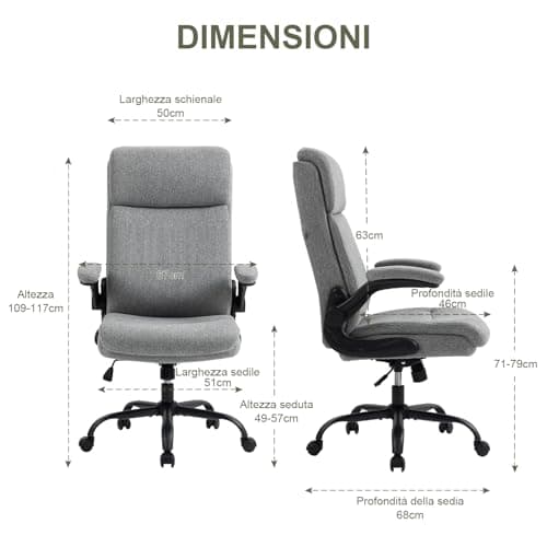 CASTLOVE Chaise de bureau ergonomique avec dossier, accoudoirs rabattables, dossier haut, hauteur réglable, fonction bascule, chaise de bureau en tissu gris, charge maximale : 150 kg