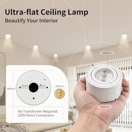 GeyouLux Dimmable LED Spot en Saillie Orientable, 5W Spots de Plafond, Ø80x50mm 3000K/4000K/6500K Rotation à 30° Spot Salle de Bain, Aluminium Rond Blanc Plafonnier Spot LED Orientable, 4 pièces