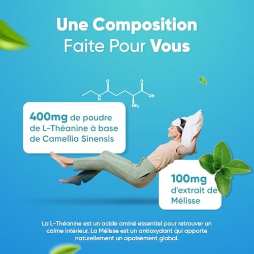 L-Theanine 500mg - 180 Gélules Vegan (6 Mois) - Camellia Sinensis, Acide Aminé de Thé Vert Enrichi en Mélisse - Alternative au GABA Sans Somnolence - Sans Stéarate de Magnesium & Sans Fructose