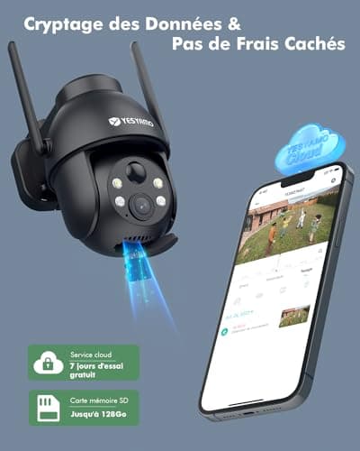 YESYAMO 2K Camera Surveillance WiFi Exterieure sans Fil Solaire, 2.4GHz Camera Exterieur avec Panneau Solaire, 355° PTZ, Vision Nocturne Couleur, Audio Bidirectionnel, PIR Sirène (Noir)