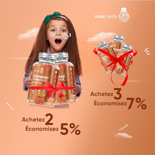Multivitamines & Minéraux avec Oméga 3 6 9-120 Gummies Enfants Origine Naturelle (+ 3 Ans) - 17 Nutriments: Vitamine C, D, B12, B6, A & Zinc - Immunité, Croissance, Os - Goût Framboise & Orange