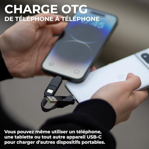 Rolling Square inCharge X - Porte Clé avec Câble USB c Charge Rapide, 100W - Chargeur USB c Universel 6 en 1 avec Cable USB c/a + Cable Lightning et Micro USB, Idéal comme Cadeau Homme, Noir