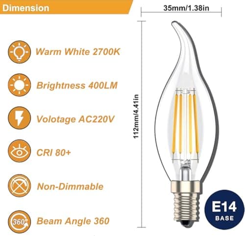 Zcexhph Ampoules Bougie à Filament LED E14,C35 4W Ampoule à Filament,Blanc Chaud 2700K Lampe de Bougie Vintage,400LM,Non Dimmable Ampoule Edison,10 Pièces