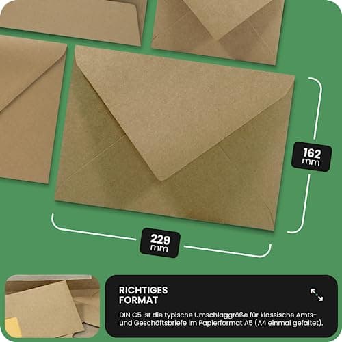 Netuno 50 enveloppes Kraft C5 162 x 229 mm 100g Aster Kraft rabat pointu enveloppes en papier Kraft enveloppes grandes papier écologique enveloppes recyclées pour cartes de vœux cartes de remerciement