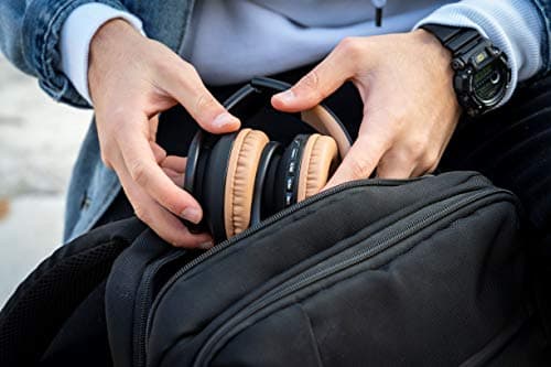 PowerLocus Casque Bluetooth sans Fil, Pliable Casque Audio Stéréo, Oreillette Bluetooth avec Micro Intégré/Micro SD/FM Radio pour Téléphones/PC/Tablettes/TV (Noir/Marron)
