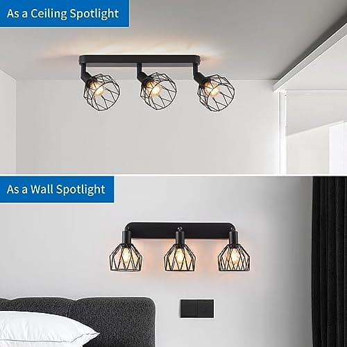 ANWIO Plafonnier Spots, 3 Spots de Plafond Led Intérieurs Base E14, Spots de Plafond Noirs avec Base Rectangulaire, Spots de Plafond LED Rotatifs (Sans Ampoules).