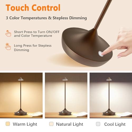 Hapfish lampe de table sans fil rechargeable LED, Lumiere bureau tactile exterieur 6000mAh, Lampe a poser metal design modern, étanche, dimmable, pour chevet, interieur, terrasse, restaurant (marron)
