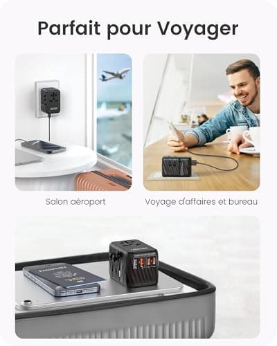 LENCENT 65W GaN III Adaptateur prise électrique avec 2 PD3,0 USB C+2 QC USB A Prise voyage universelle Téléphone PC Charge Rapide international vers UK USA AUS Canada Italie Chine Japon Thaïlande Noir