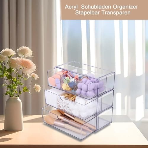 DoocliB Lot de 3 tiroirs de rangement empilables en acrylique pour salle de bain,boîte de rangement compacte en plastique pour maquillage ou cosmétiques, boîte à bijoux empilable, transparent
