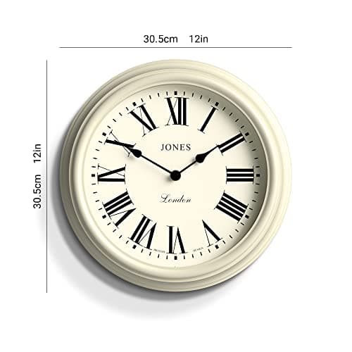 JONES CLOCKS® Horloge Murale Venetian – Horloge Murale Ronde – Design Traditionnel Classique – Horloge de Cuisine – Horloge de Salon – Boîtier décoratif (Blanc/Chiffres Romains)