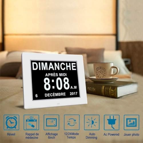 XAYKEN 7" Pouce LCD Horloge Numérique Calendrier avec Date Jour Et Heure Non-Abrégée Auto Dimming 8 Langues HD Display Rappel pour Alzheimer Les Personnes âgées et Les Enfants Noir