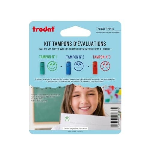 Kit de tampons pour évaluation scolaire - Trodat - 3 Tampons à encrage automatique rechargeables - Smiley pour encourager les élèves - Taille de l'empreinte : 10x10 mm - Couleur : bleu, rouge et vert