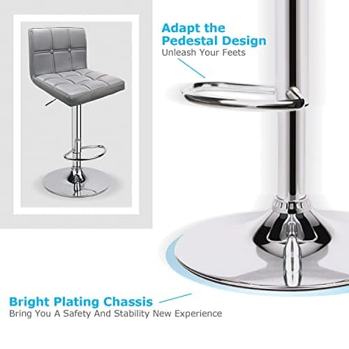 Leader Accessories Lot de 2 Tabourets de Bar,Double Couture Dos Carré avec Bouton Décoration, Réglage en Hauteur avec Dossier,Revêtement en PU, Rotatif à 360 Dégrées, pour Comptoir,Cuisine,Gris Clair