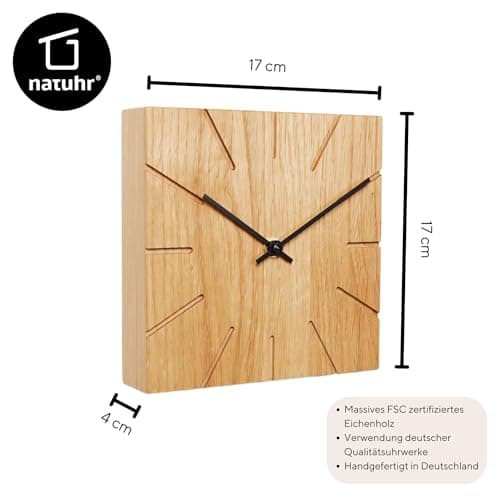 Natuhr Horloge de Table Murale en Bois de chêne - Beam - 17 x 17 cm (Aiguilles Noires en chêne huilé, Mouvement à Quartz)