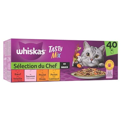 WHISKAS Repas pour Chat - 40 Sachets Fraîcheur - Tasty Mix Sélection du Chef (4 variétés) - Pâtée pour Chat Adulte en Sauce – Nourriture Humide Complète & Equilibrée