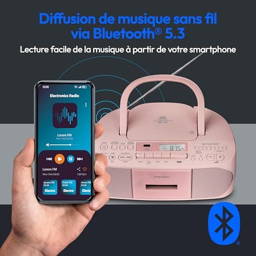 MEDION E65010 Radio stéréo (Lecteur CD, Cassette, Port USB, entrée Audio AUX, Lecture MP3. Radio FM PLL,40 mémoires de Stations, Fonctionnement sur Piles, télécommande) Rose