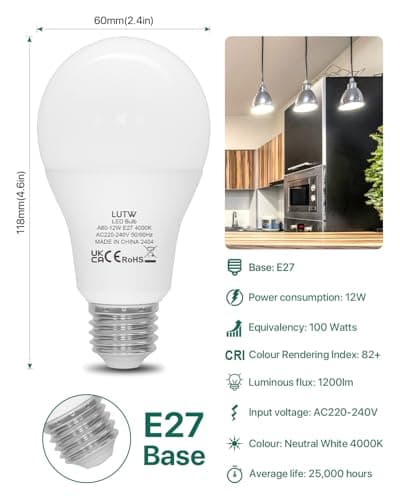 LUTW Ampoule LED E27 Blanc Neutre 4000K, 12W Equivalent 100W, Ampoules LED A60 Culot Edison à Vis, 1200lm, Économie d'Énergie à Angle de Faisceau 220 °, Non Dimmable, Plastique, Lot de 6