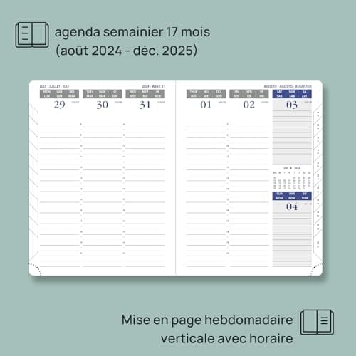POPRUN Agenda 2025 Semainier 22 x 16,5 cm De Août 2024 à Déc 2025, Premium Planner Scolaire 17 Mois, Couvercle en cuir de coton PU, Onglets Mensuels, Papier Certifié FSC® 100 g/m2 - Marron