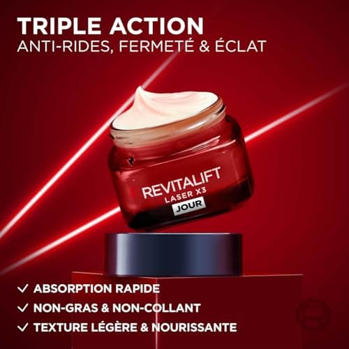 L'Oréal Paris - Soin Profond Visage Anti-Âge - Crème de Jour Triple Action - À l'Acide Hyaluronique, Pro-Rétinol & Vitamine C - Tous Types de Peau - Revitalift Laser X3 - 50 ml