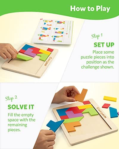 Coogam Blocs de puzzle en bois géométrique Tangram casse-tête puzzle 3D logique QI jeu coloré motif STEM jouets éducatifs cadeau 60 défis pour tous les âges