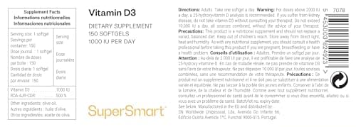 Vitamine D3 - Boost Immunitaire - Aide à Maintenir une Bonne Santé des Os, des Muscles et des Dents - Haute Absorption - Sans OGM - 150 Softgels - Supersmart