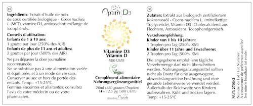 Vitamine D3 naturelle en gouttes supplément | vitamine D enfants - bébé – adultes – femme enceinte | 500 UI par goutte - Flacon 20ML | Vitamine D Végétale Vegan Lichen - huile de coco | Optim D3