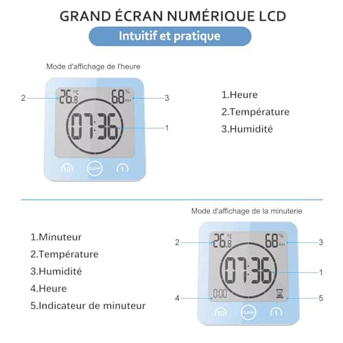 Horloge de Salle de Bain, Horloge de Douche Contrôle Tactile étanche, Alarme Numérique LCD, Thermomètre Hygromètre, Minuterie de Compte à Rebours, Alimenté par Pile, pour Maquillage Cuisine (Bleu)