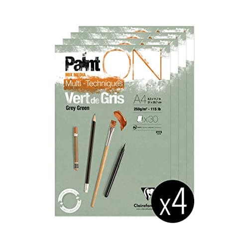 Clairefontaine 975705Cpack Bloc Collé PaintON Multi-techniques - 30 Feuilles Papier Dessin Multi-techniques au Grain Légèrement Rugueux - Vert de Gris - A4 21x29,7 cm 250g - Paquet de 4 Blocs