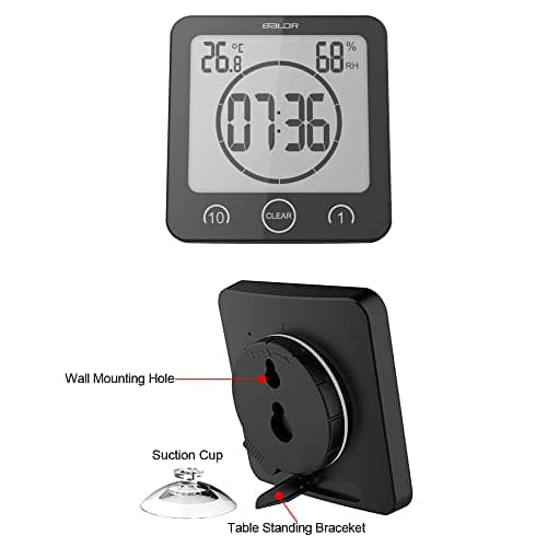 HONPHIER Horloge De Salle De Bain Horloge De Douche Numerique éCran Minuterie à éCran Tactile avec Affichage D'Humidité De La TempéRature pour Douche De Salle De Bain Cuisine (Noir)