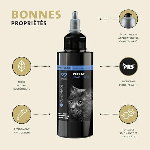 Peticare Chat Traitement Anti-Acariens des Oreilles - Nettoyant Auriculaire, Gouttes Efficaces Contre Parasites, Soulage Inflammation, Solution Démangeaisons de l'oreille - petCat Health 3011