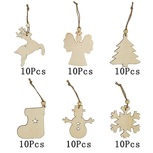 PUERHUACI Sapin en Bois a Decorer Decoration Bois Noel,Bois Artisanat Arbre de Noël Ornement de Pendaison, Décorations de Noël,60 pièces Pendentif Cadeaux pour Décorations de Bricolage