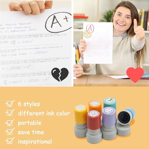 Qcdou Tampons Enseignants Français, 6PCS Plastique Tampon Auto Encreur Enfant, Tampon Smiley, Tampon Ecole Mignon pour Encourager Motiver Élèves, Spécial Cadeau Professeur Ecole Avec Boîte