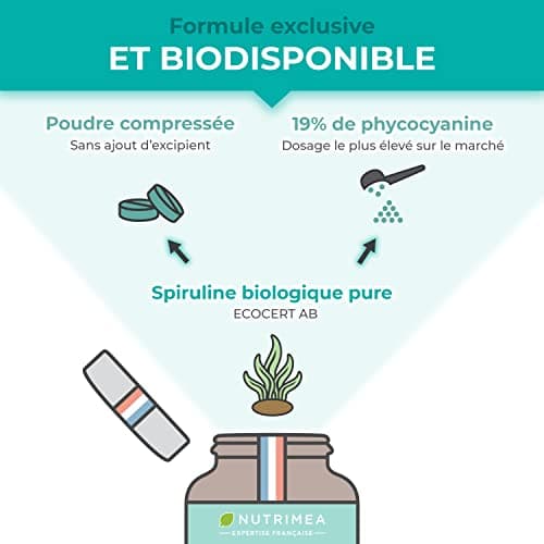 Spiruline BIO - Sans Excipients & OGM - 19% de Phycocyanine - Riche en Protéines, Fer & Antioxydants - Nutrimea - 540 Comprimés Vegan de 500 mg - 6 Mois de Cure - Fabriqué en France