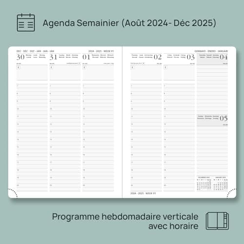 POPRUN Agenda 2025 Semainier (17 Mois: Août 2024 - Déc 2025) 22 x 16,5 cm Couverture Rigide Agenda Scolaire 2025 avec Intervalles de 30 minutes, Papier Certifié FSC® - Rose Clair
