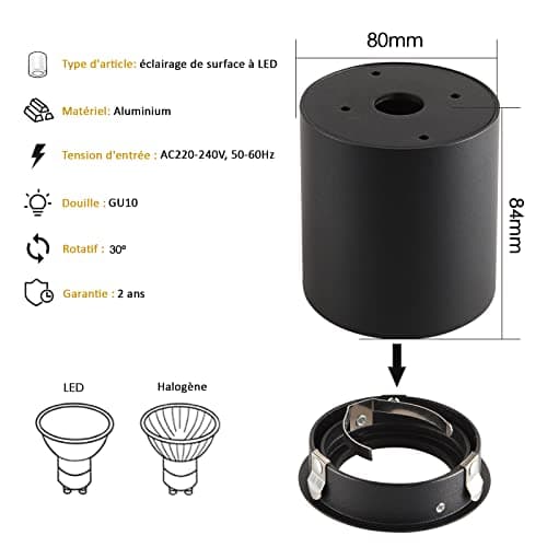 Gleonlux LED spots GU10 plafonniers plat orientable 230V en Saillie Cadre avec douille spot plafond éclairage de plafond aluminium rond noir downlight luminaire plafonnier salle de bain,salon