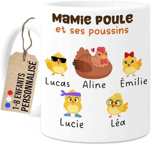Cupdarling® Mug Mamie avec 1-8 Petits-Enfants Personnalisé - Mamie Poule - Tasse Cadeau Grand-Mère - Cadeau Fête Des Grand-Mères - Anniversaire Mamie - 330 mL Céramique - 4 Poussins