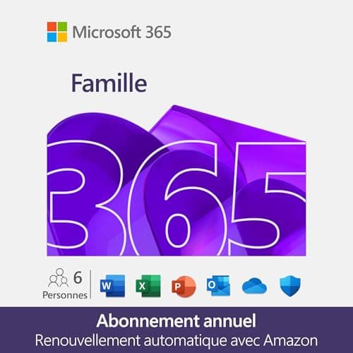 Microsoft 365 Famille | 12 mois avec renouvellement automatique | Jusqu'à 6 utilisateurs |Word, Excel, PowerPoint | Jusqu'à 6To de Stockage Onedrive | PC/MAC/tablettes/smartphones | Abonnement Amazon