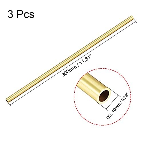 sourcing map Tube Laiton Rond 300mm Longueur 10mm Diamètre Externe 1mm Paroi Épaisseur Sans Couture Droit Tuyau 3 Pcs