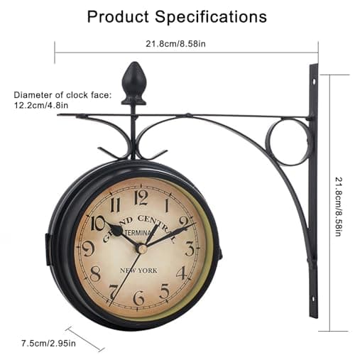 Syfunlv Horloge de Gare Rétro Double Face, Jardin Train Gare Horloge Murale, Nombre Horloge Murale en Fer, pour L’intérieur et L’extérieur Maison Terrasse Jardin Cuisine Cour Séjour, 21,8 * 21,8 cm
