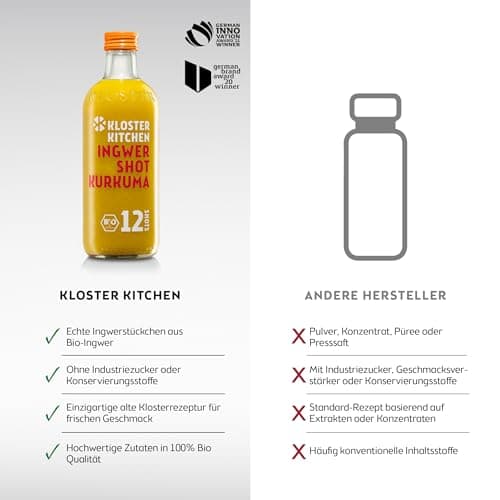 Kloster Kitchen Bio gingembre Shot curcuma, 12 SHOTS à 360 ml avec morceaux de gingembre, Shots de gingembre au curcuma en bouteille en verre, végétalien (incl. 0,25€ de caution consigne)