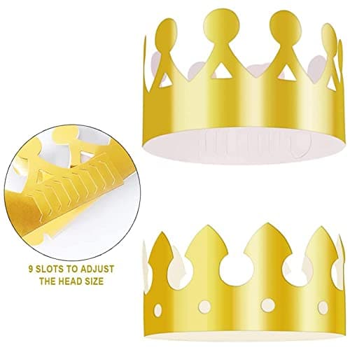 Couronne Chapeau de Fête, 28 Pièces Couronne en Papier Doré pour Anniversaire Célébration Bébé Douche Accessoires Photo, Chapeau Couronne en Papier a 9 Trous pour Ajuster la Taille(2 Styles)